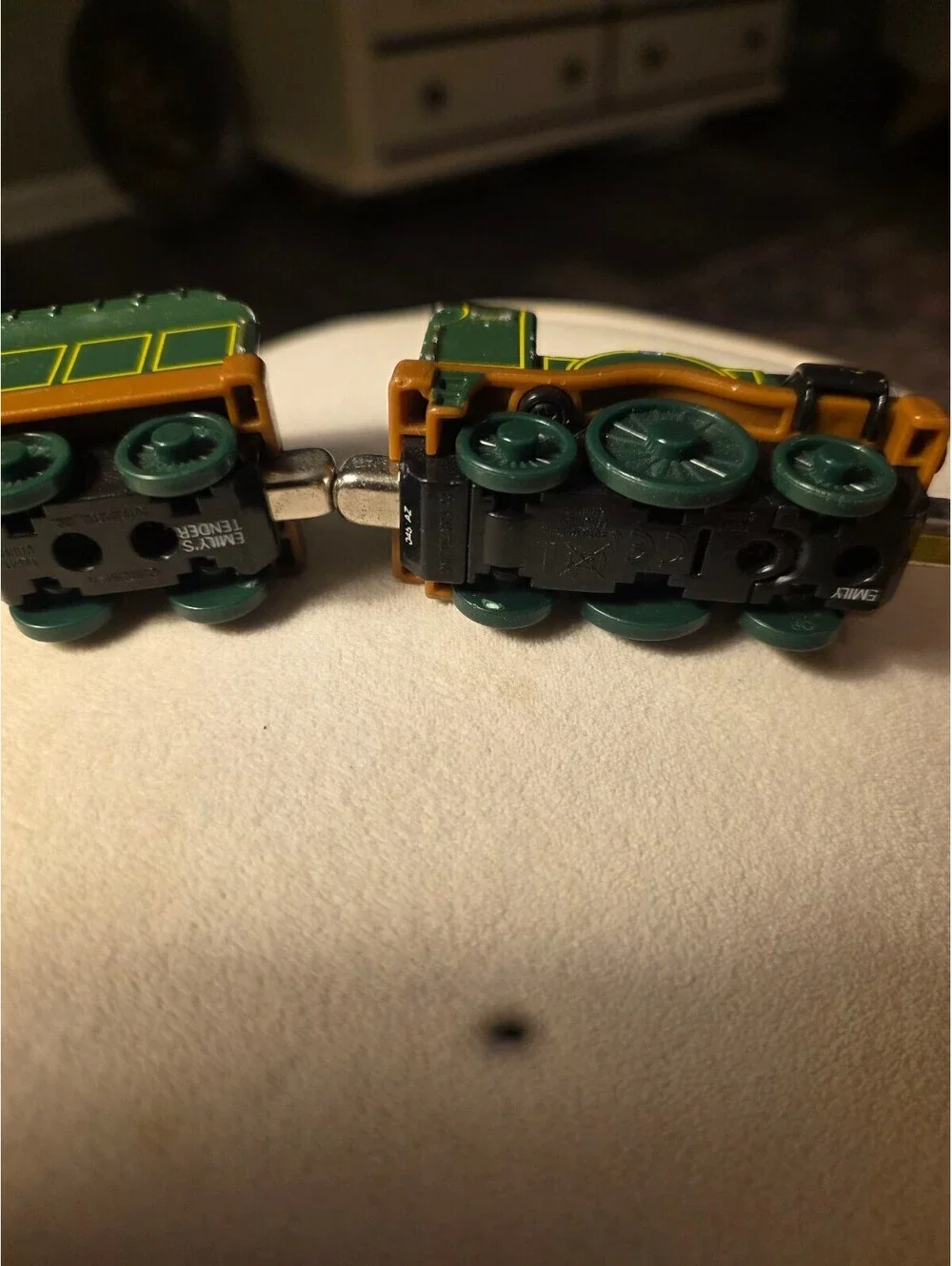 Vintage Green Toy Train Engine and Coal Car with Face Detail